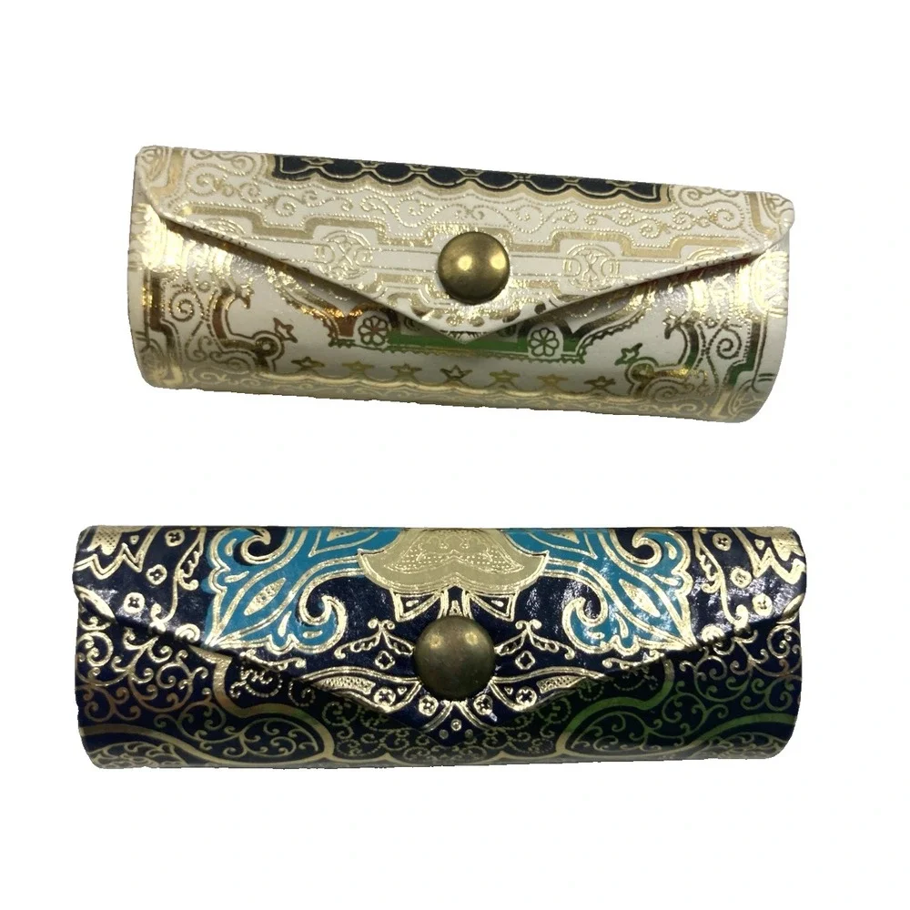 Two Vtg Fiocchi Lipstick Cases Italy Leather Holder Mirror Black Gold‎ White